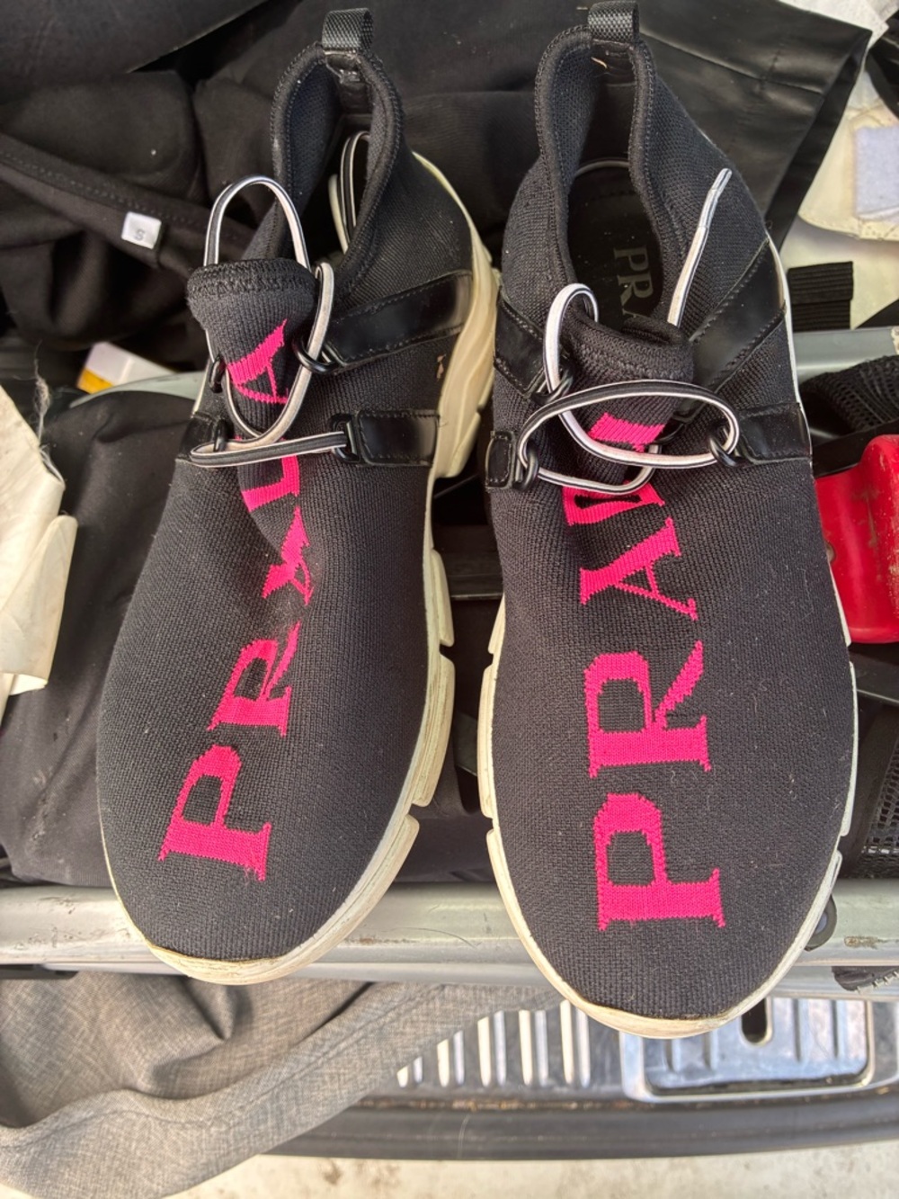 Prada Black Knit Slip-On Sneakers with Pink Logo